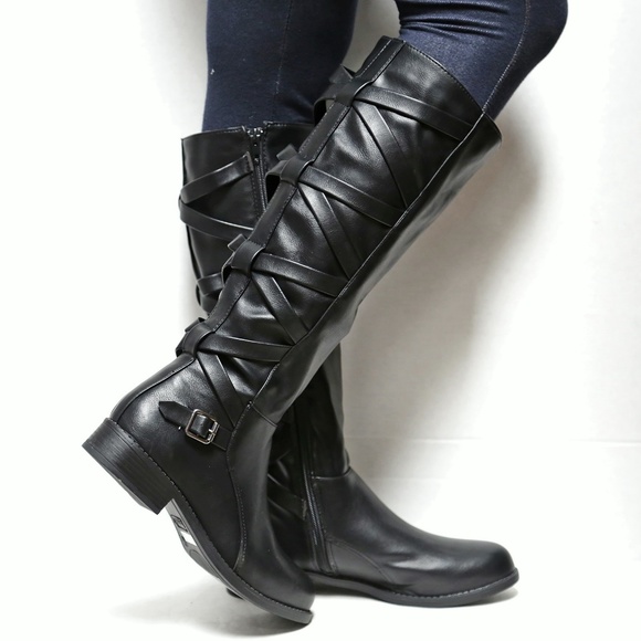 New Black Strappy Knee High Riding Boots - Picture 2 of 2
